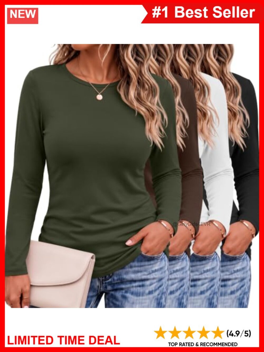 Plus Size Long Sleeve Crew Neck T-Shirt 4 Pack Cotton Blend Slim Fit